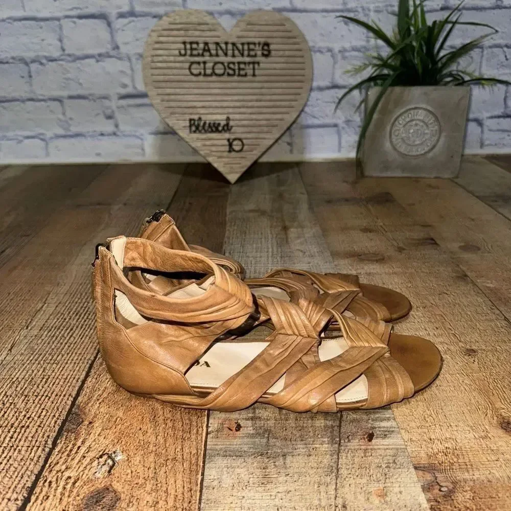 Prada Tan Pleated Leather Caged Flat Sandals Size 38.5
